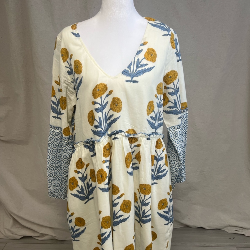Pink Chicken Midi Dress Cream Blue Yellow Floral Print Sz S Cottagecore Boho - Picture 1 of 6